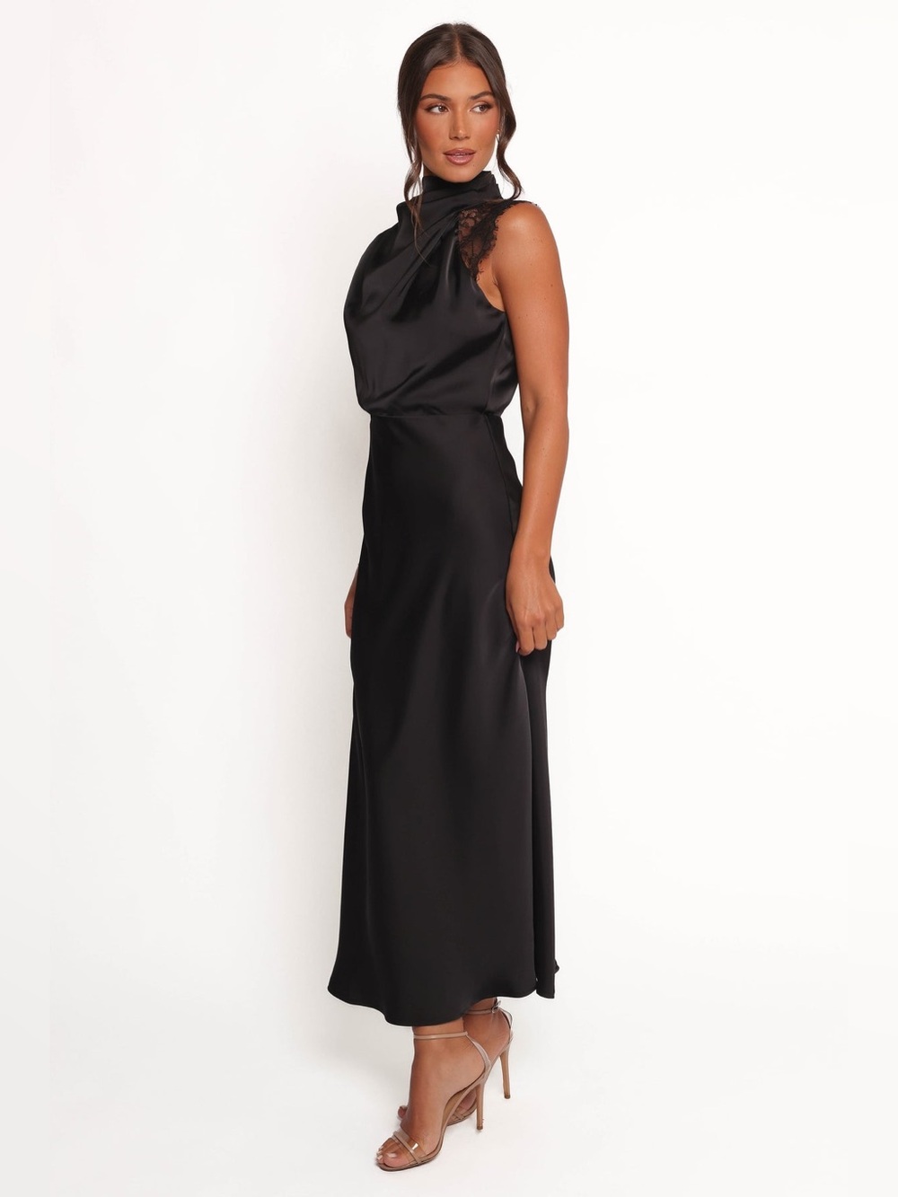 NEW Petal & Pup Anabelle Black Satin Lace Halter Maxi Dress Formal Black Tie - Picture 6 of 11